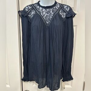 Vintage X America ladies blouse Top High Nick lace, long sleeves blue